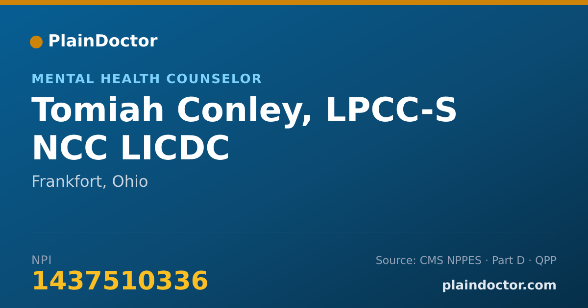 Shareable card for Tomiah Conley, LPCC-S NCC LICDC - Addiction (Substance Use Disorder) Counselor, Frankfort, OH