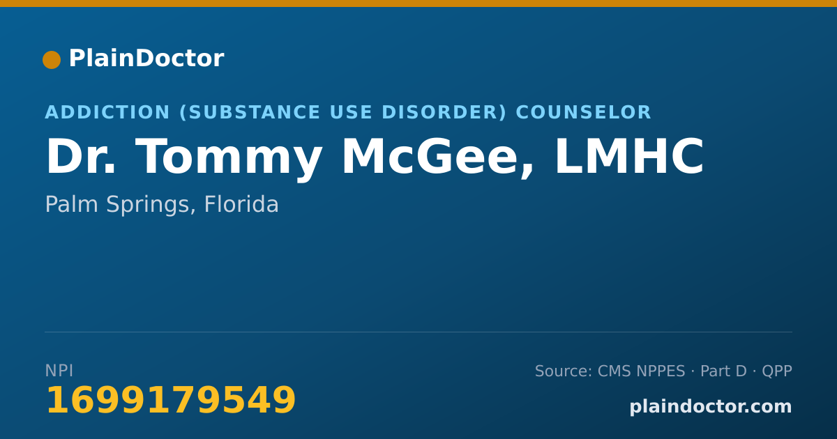 Shareable card for Tommy McGee, LMHC - Addiction (Substance Use Disorder) Counselor, Palm Springs, FL