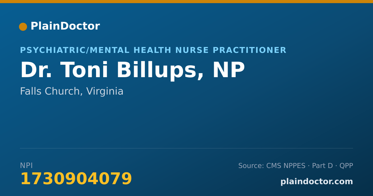 Shareable card for Toni Billups, NP - Psychiatric/Mental Health Nurse Practitioner, Falls Church, VA