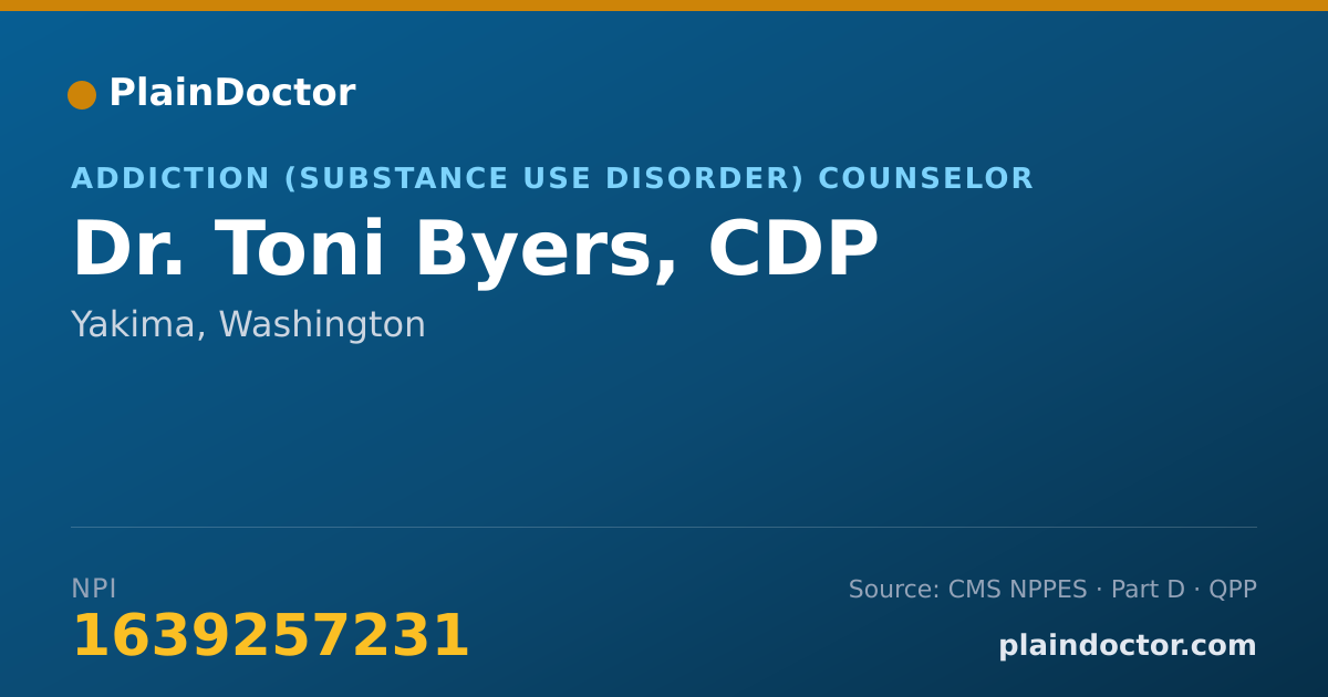Shareable card for Toni Byers, CDP - Addiction (Substance Use Disorder) Counselor, Yakima, WA