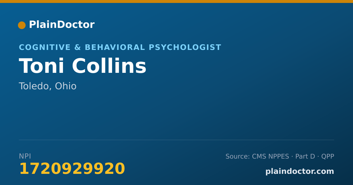 Shareable card for Toni Collins - Cognitive & Behavioral Psychologist, Toledo, OH