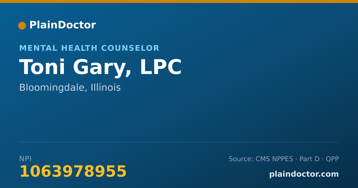 Shareable card for Toni Gary, LPC - Mental Health Counselor, Bloomingdale, IL