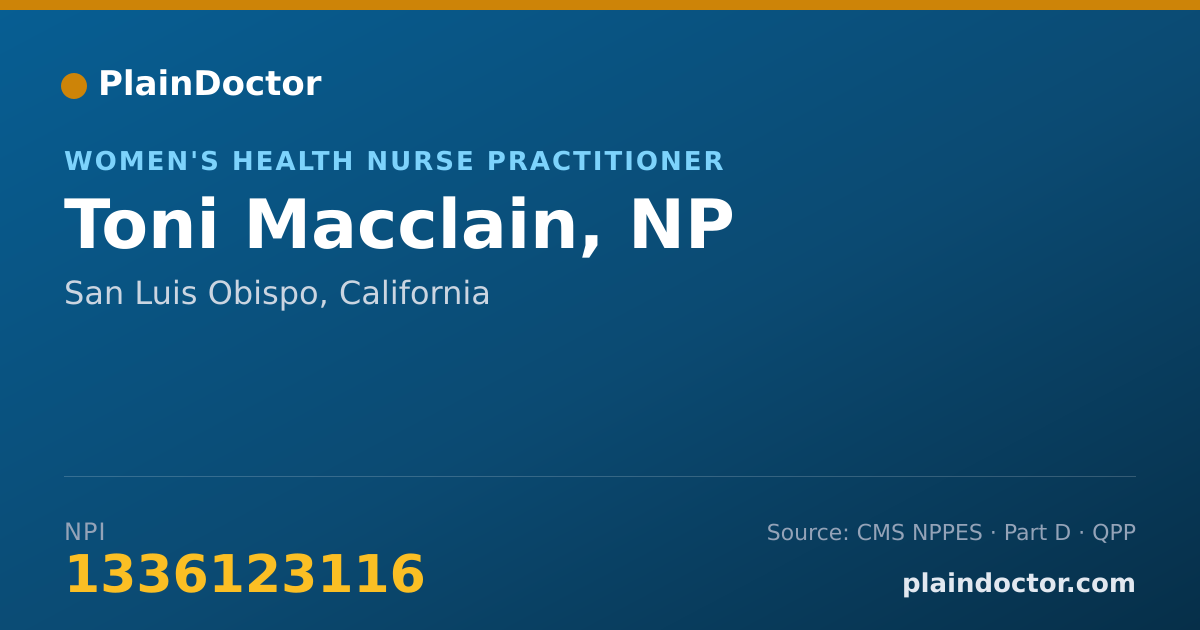 Shareable card for Toni Macclain, NP - Women's Health Nurse Practitioner, San Luis Obispo, CA