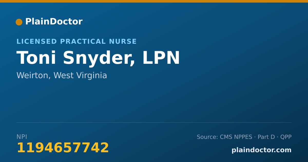 Shareable card for Toni Snyder, LPN - Licensed Practical Nurse, Weirton, WV