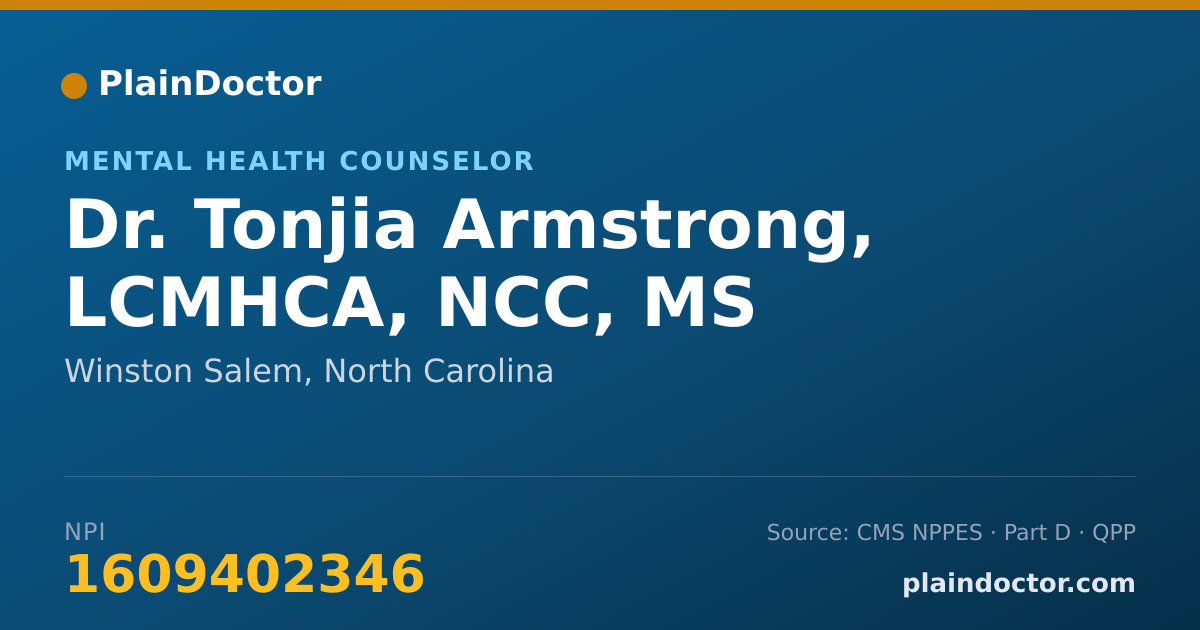 Shareable card for Tonjia Armstrong, LCMHCA, NCC, MS - Mental Health Counselor, Winston Salem, NC