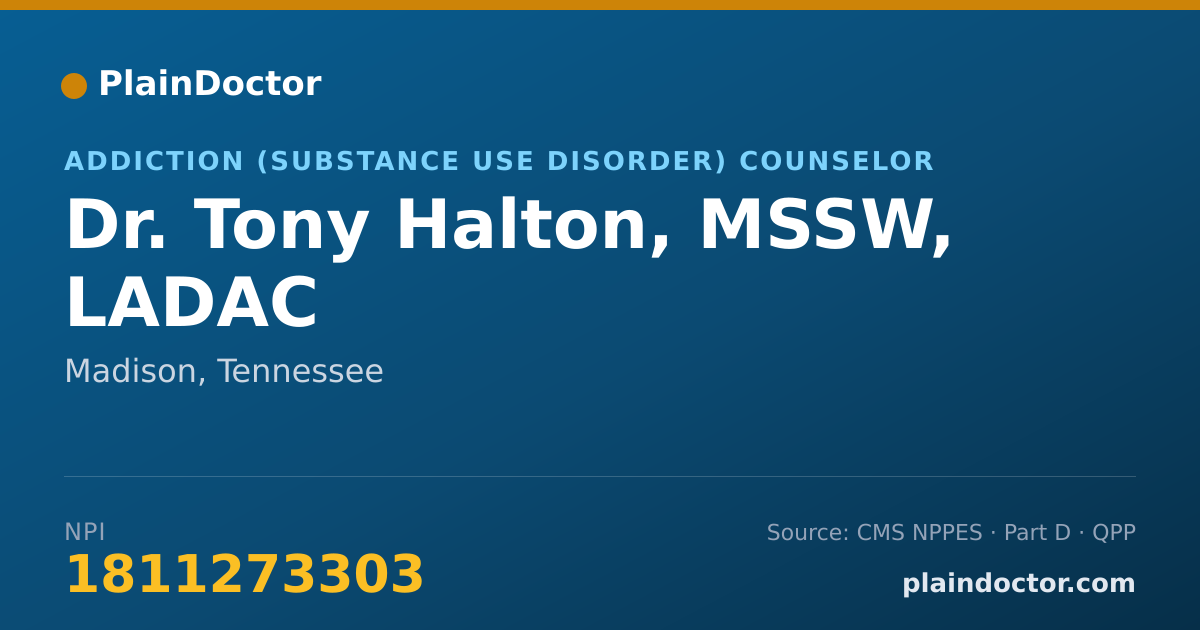 Shareable card for Tony Halton, MSSW, LADAC - Addiction (Substance Use Disorder) Counselor, Madison, TN