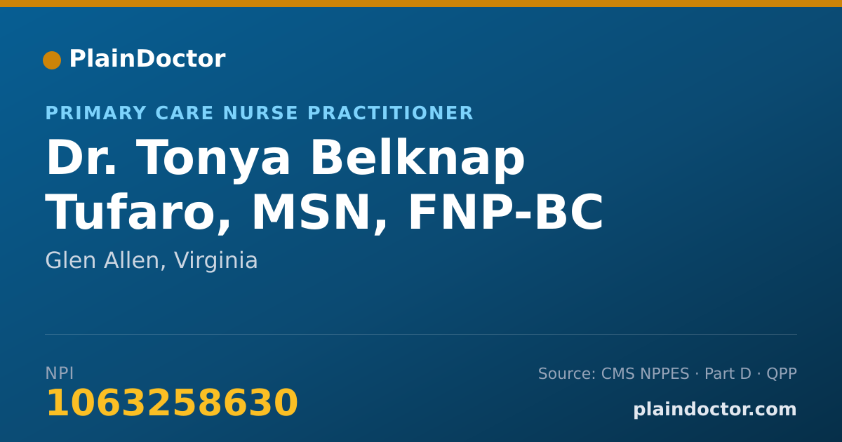 Shareable card for Tonya Belknap Tufaro, MSN, FNP-BC - Primary Care Nurse Practitioner, Glen Allen, VA