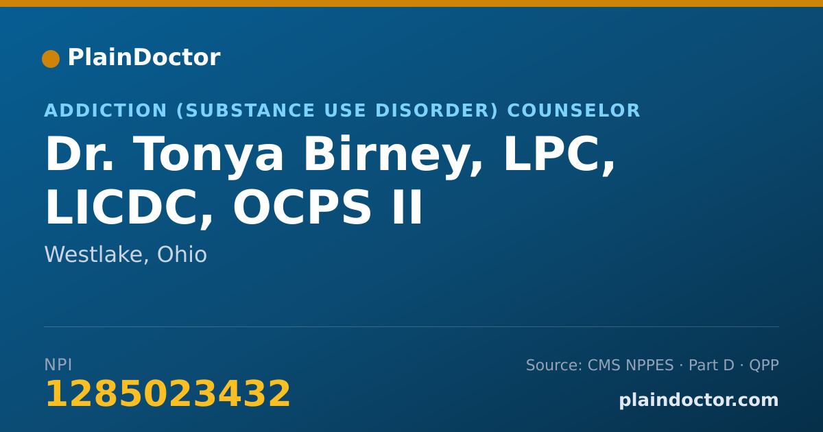 Shareable card for Tonya Birney, LPC, LICDC, OCPS II - Addiction (Substance Use Disorder) Counselor, Westlake, OH