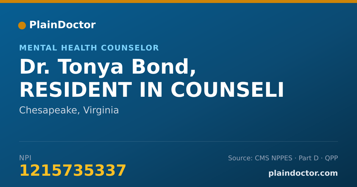 Shareable card for Tonya Bond, RESIDENT IN COUNSELI - Mental Health Counselor, Chesapeake, VA