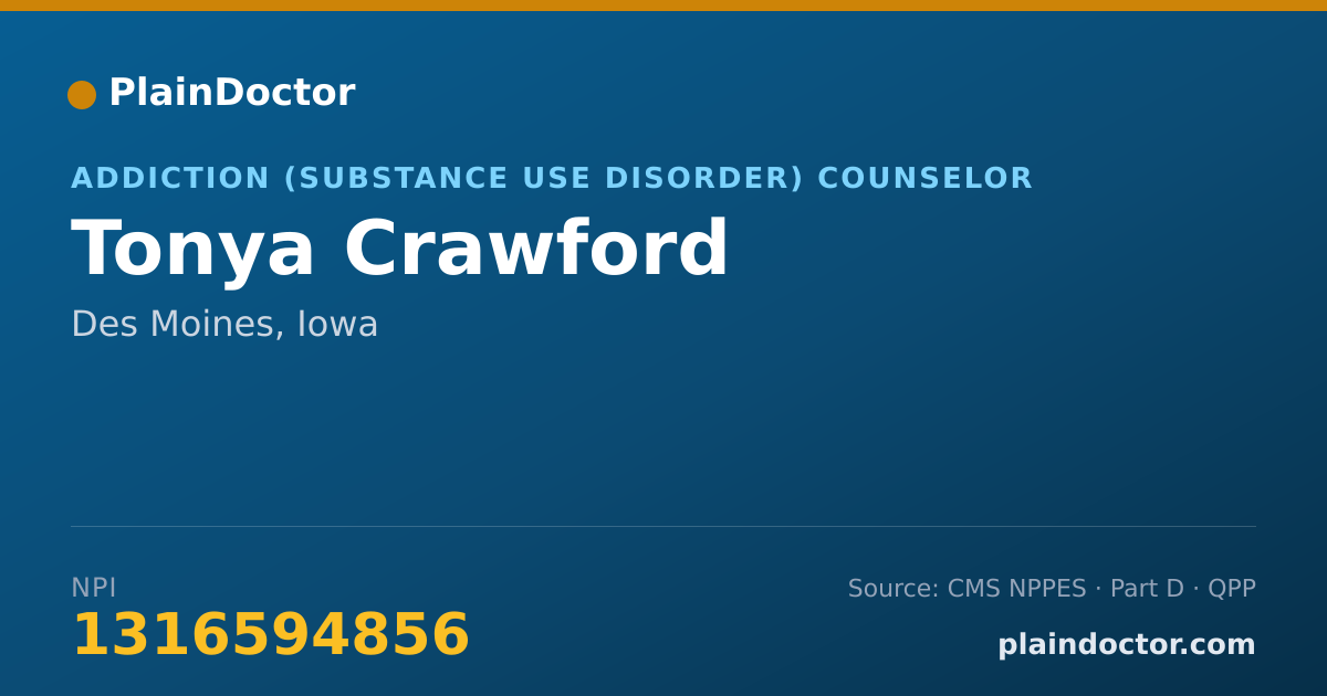 Shareable card for Tonya Crawford - Addiction (Substance Use Disorder) Counselor, Des Moines, IA