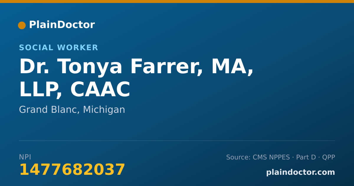 Shareable card for Tonya Farrer, MA, LLP, CAAC - Social Worker, Grand Blanc, MI