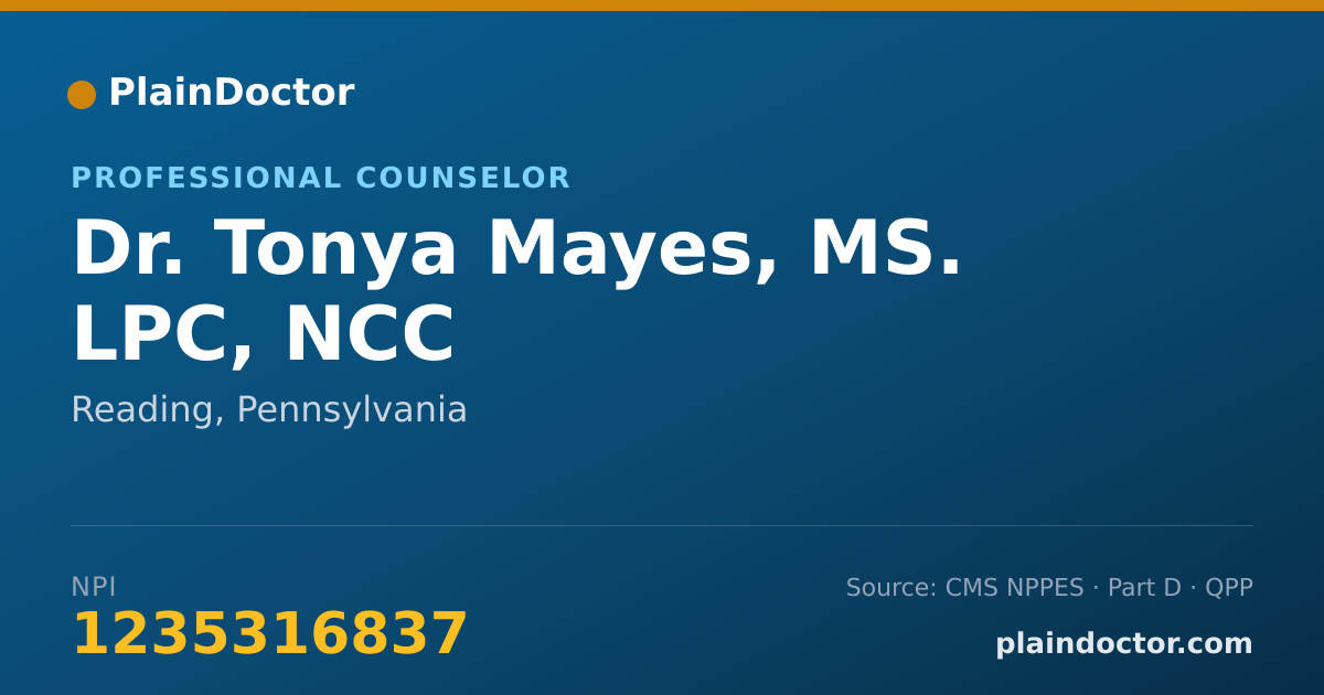 Shareable card for Tonya Mayes, MS. LPC, NCC - Professional Counselor, Reading, PA