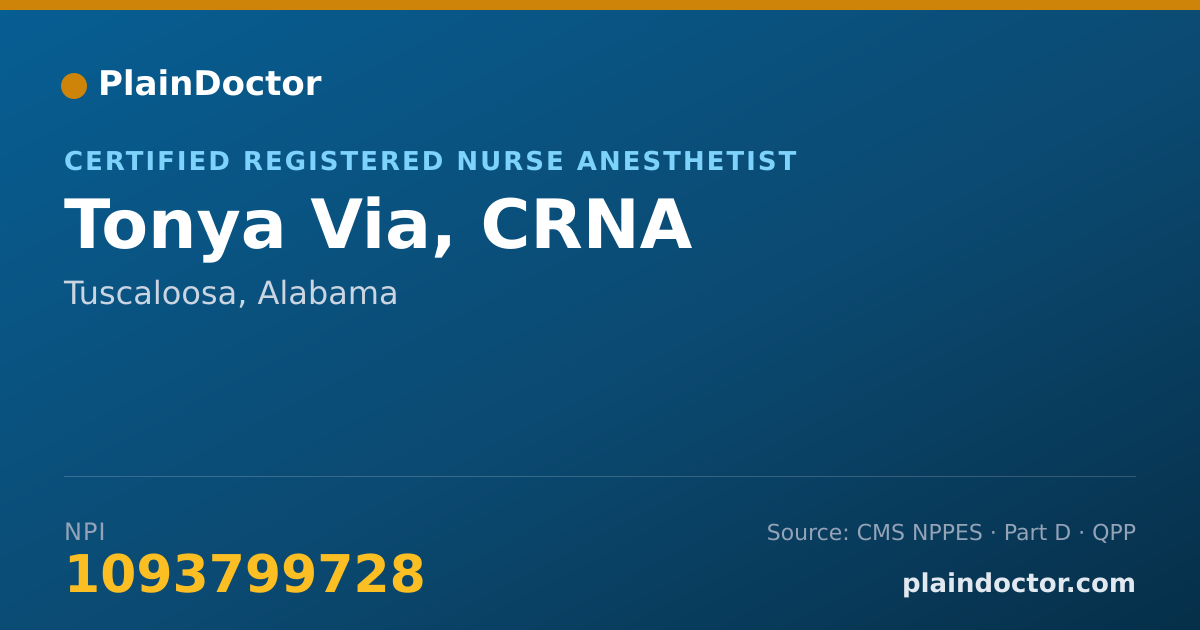 Shareable card for Tonya Via, CRNA - Certified Registered Nurse Anesthetist, Tuscaloosa, AL