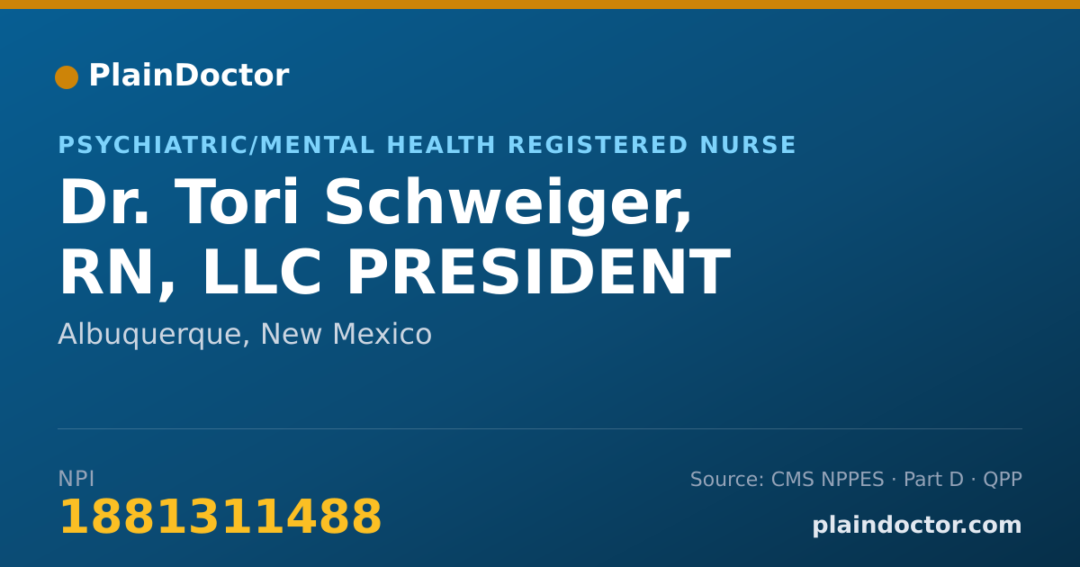 Shareable card for Tori Schweiger, RN, LLC PRESIDENT - Psychiatric/Mental Health Registered Nurse, Albuquerque, NM