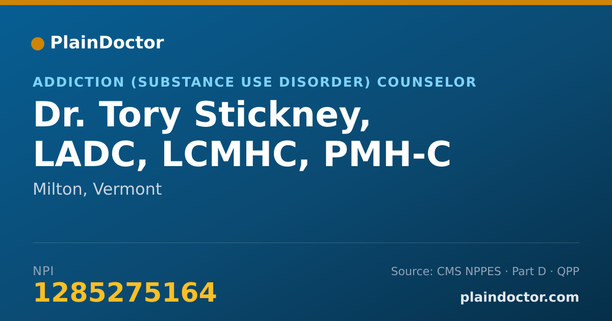 Shareable card for Tory Stickney, LADC, LCMHC, PMH-C - Addiction (Substance Use Disorder) Counselor, Milton, VT