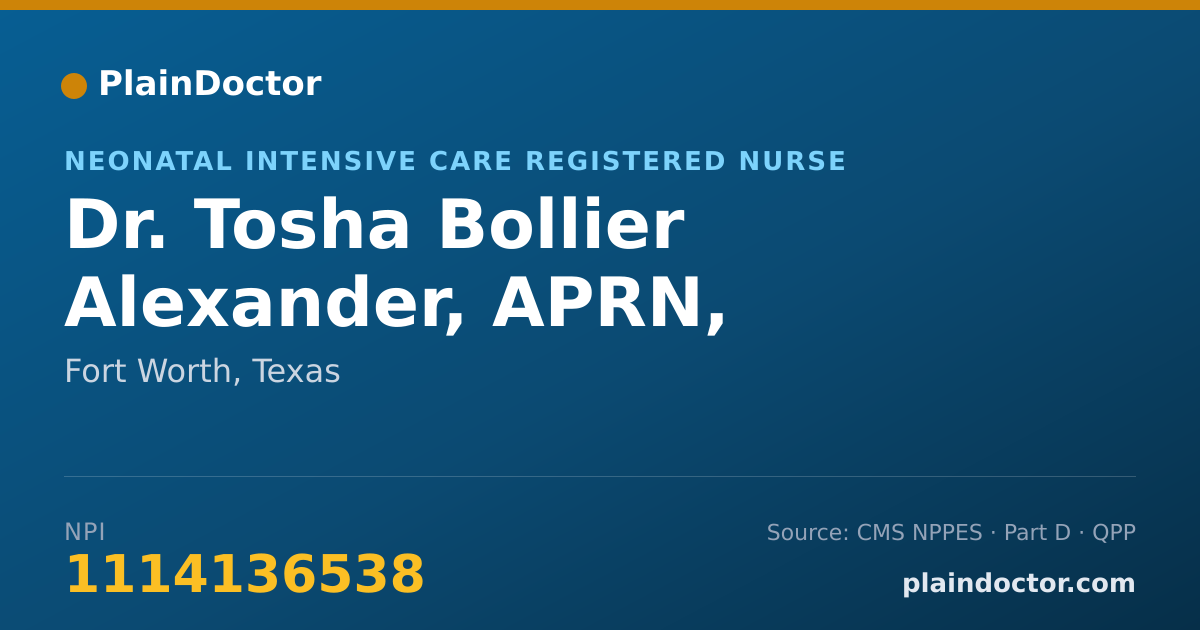 Shareable card for Tosha Bollier Alexander, APRN, NNP-BC - Neonatal Intensive Care Registered Nurse, Fort Worth, TX