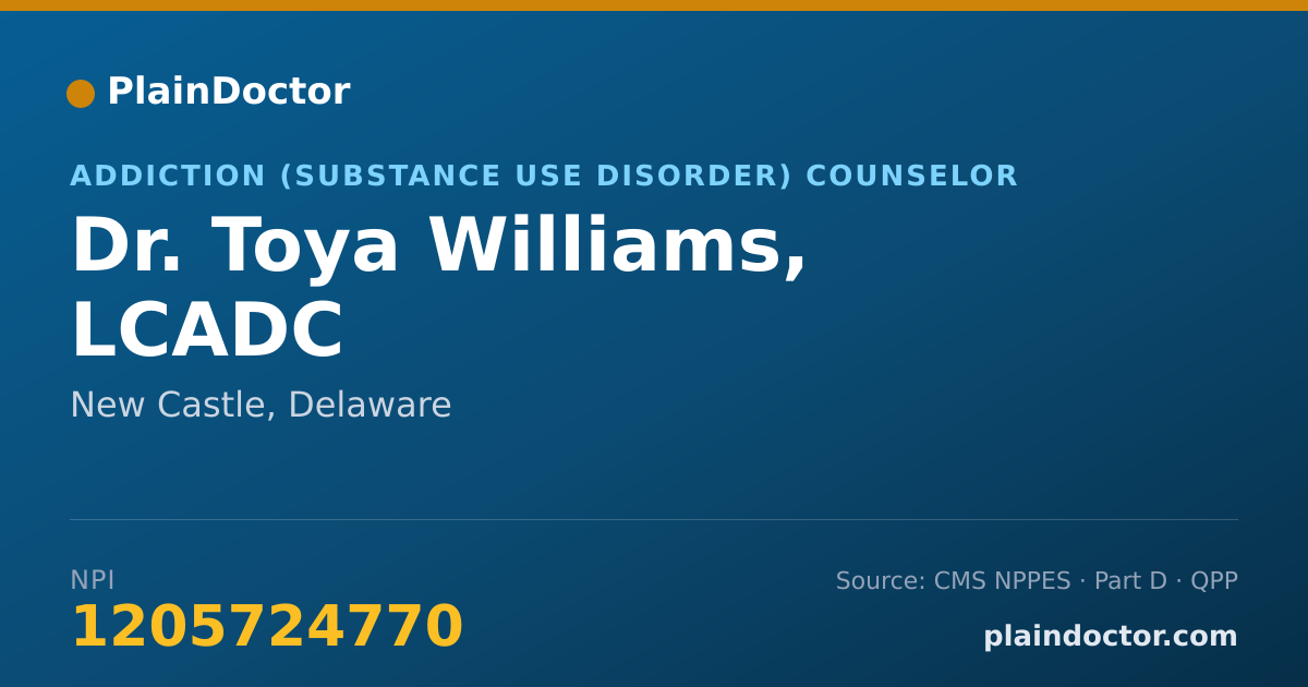 Shareable card for Toya Williams, LCADC - Addiction (Substance Use Disorder) Counselor, New Castle, DE