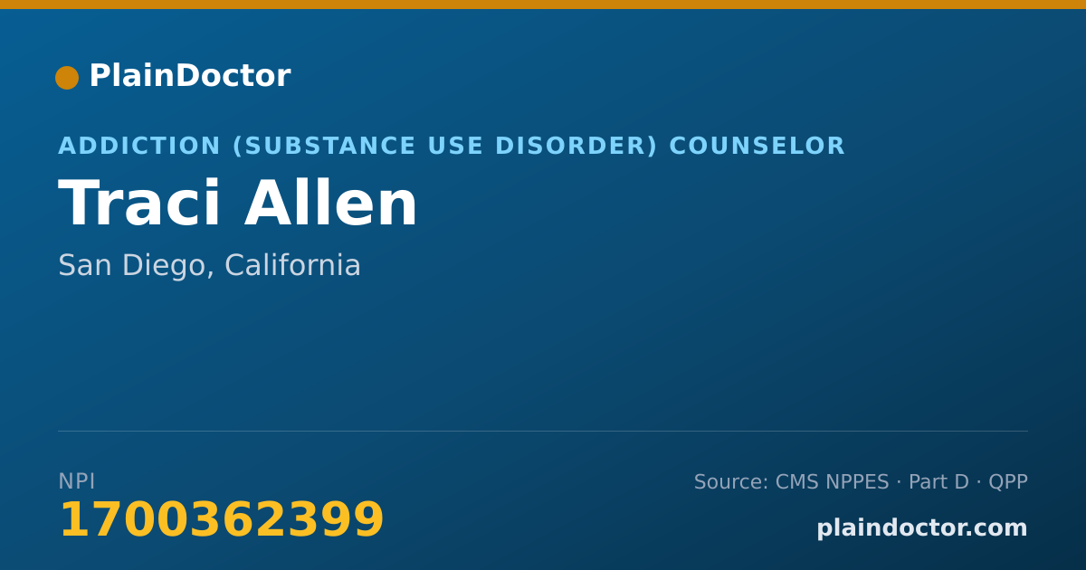 Shareable card for Traci Allen - Addiction (Substance Use Disorder) Counselor, San Diego, CA