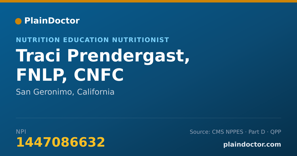 Shareable card for Traci Prendergast, FNLP, CNFC - Nutrition Education Nutritionist, San Geronimo, CA