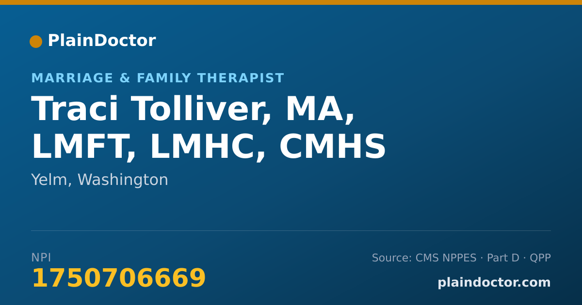 Shareable card for Traci Tolliver, MA, LMFT, LMHC, CMHS - Marriage & Family Therapist, Yelm, WA