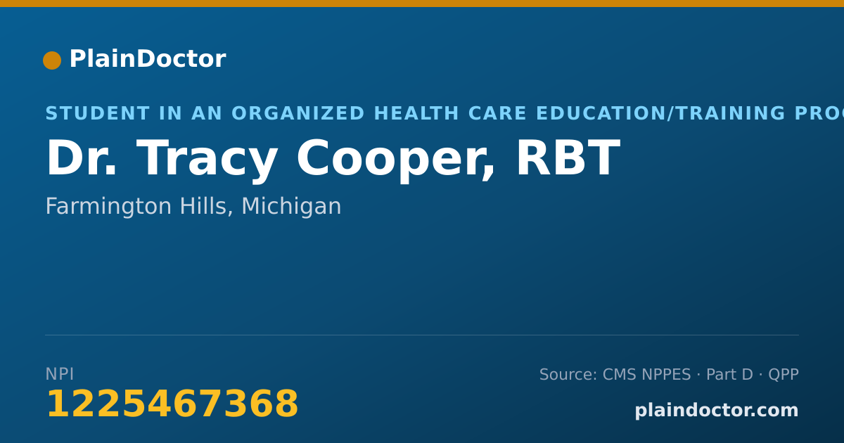 Shareable card for Tracy Cooper, RBT - Student in an Organized Health Care Education/Training Program, Farmington Hills, MI