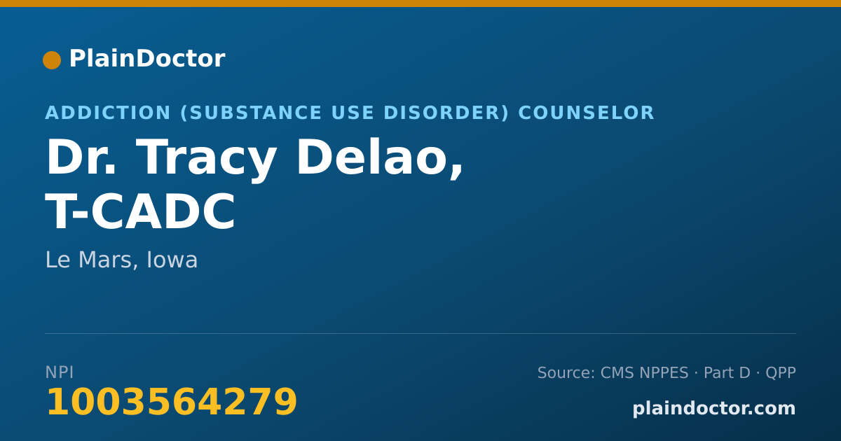 Shareable card for Tracy Delao, T-CADC - Addiction (Substance Use Disorder) Counselor, Le Mars, IA
