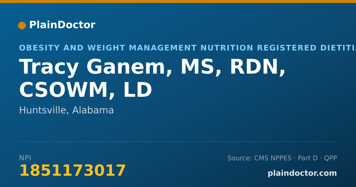 Shareable card for Tracy Ganem, MS, RDN, CSOWM, LD - Obesity and Weight Management Nutrition Registered Dietitian, Huntsville, AL
