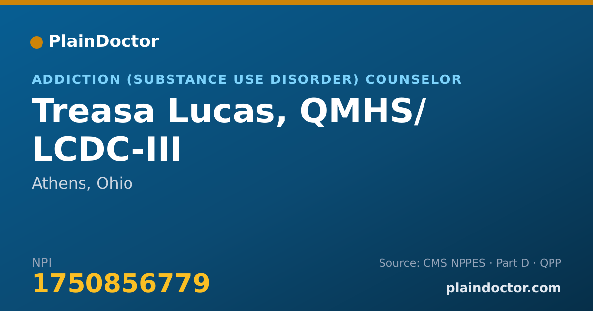 Shareable card for Treasa Lucas, QMHS/ LCDC-III - Addiction (Substance Use Disorder) Counselor, Athens, OH