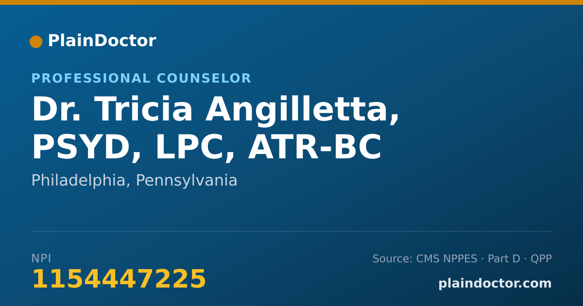 Shareable card for Tricia Angilletta, PSYD, LPC,  ATR-BC - Professional Counselor, Philadelphia, PA