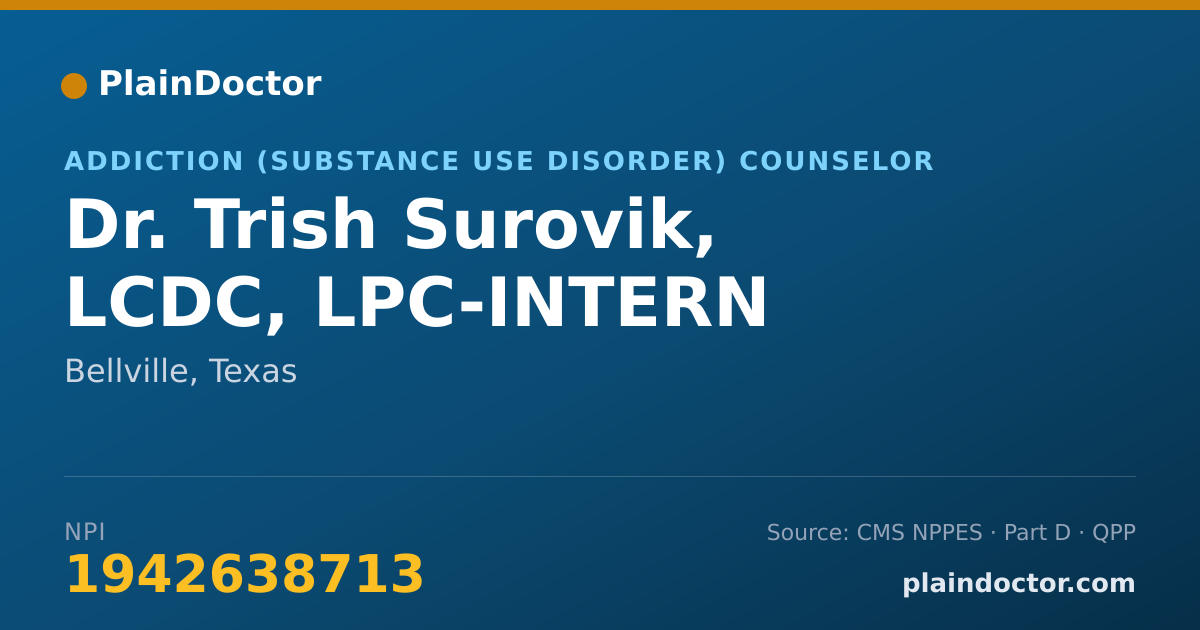 Shareable card for Trish Surovik, LCDC, LPC-INTERN - Addiction (Substance Use Disorder) Counselor, Bellville, TX