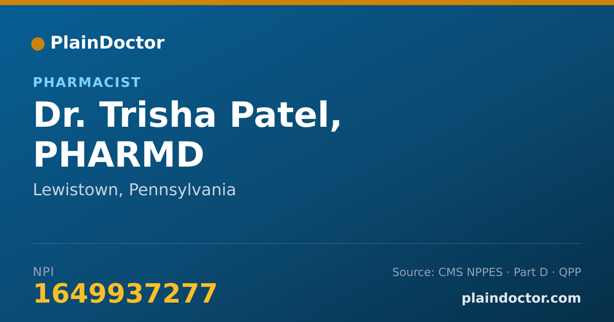 Shareable card for Trisha Patel, PHARMD - Pharmacist, Lewistown, PA