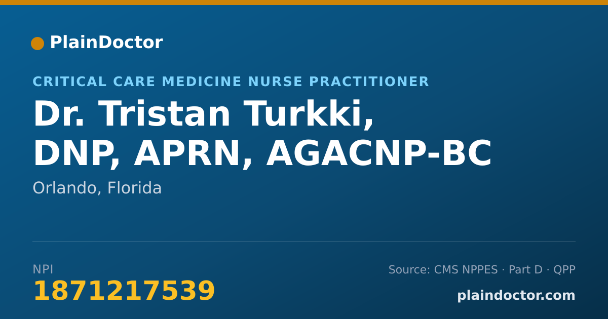 Shareable card for Tristan Turkki, DNP, APRN, AGACNP-BC - Critical Care Medicine Nurse Practitioner, Orlando, FL