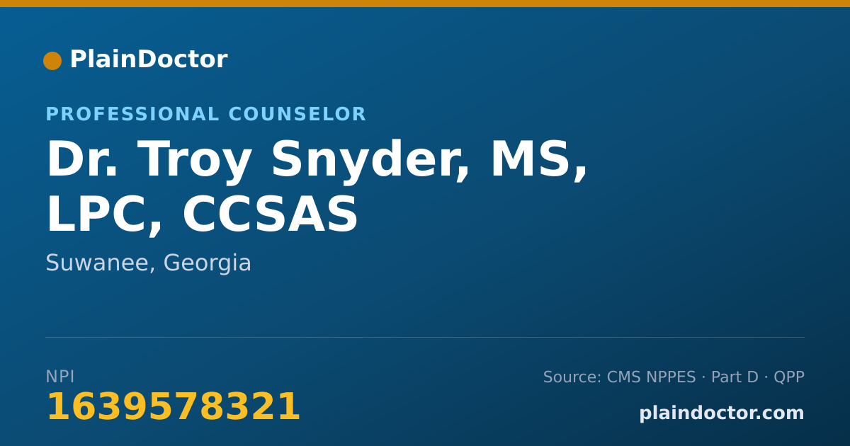 Shareable card for Troy Snyder, MS, LPC, CCSAS - Professional Counselor, Suwanee, GA