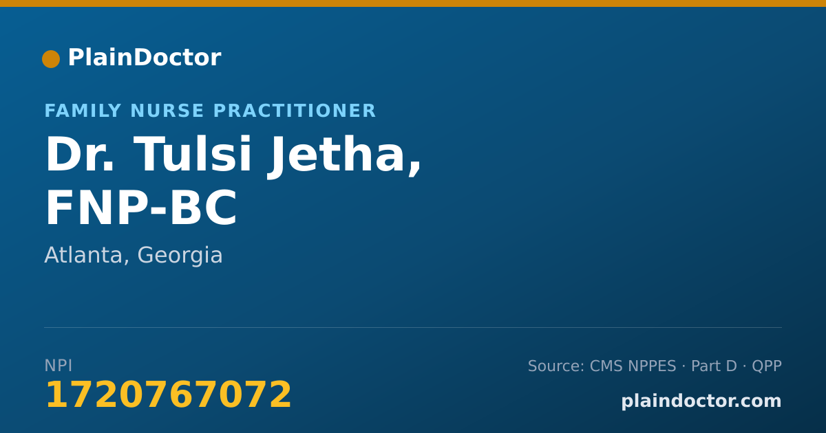 Shareable card for Tulsi Jetha, FNP-BC - Family Nurse Practitioner, Atlanta, GA