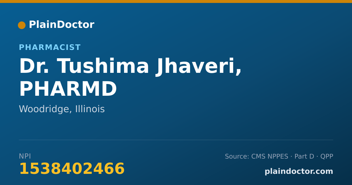 Shareable card for Tushima Jhaveri, PHARMD - Pharmacist, Woodridge, IL