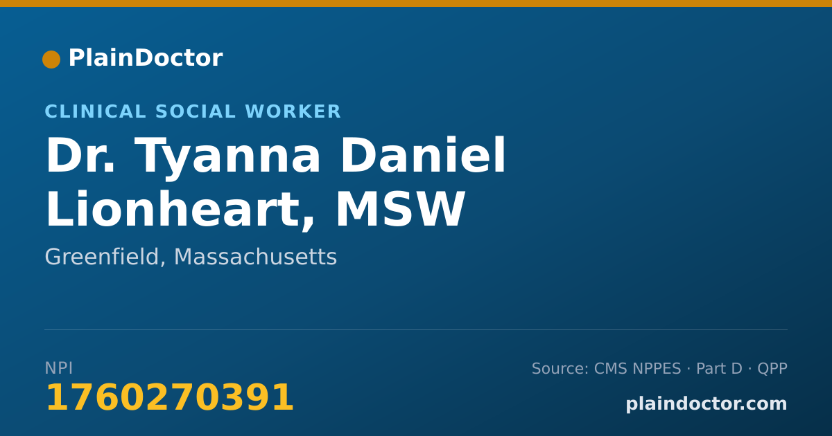 Shareable card for Tyanna Daniel Lionheart, MSW - Clinical Social Worker, Greenfield, MA