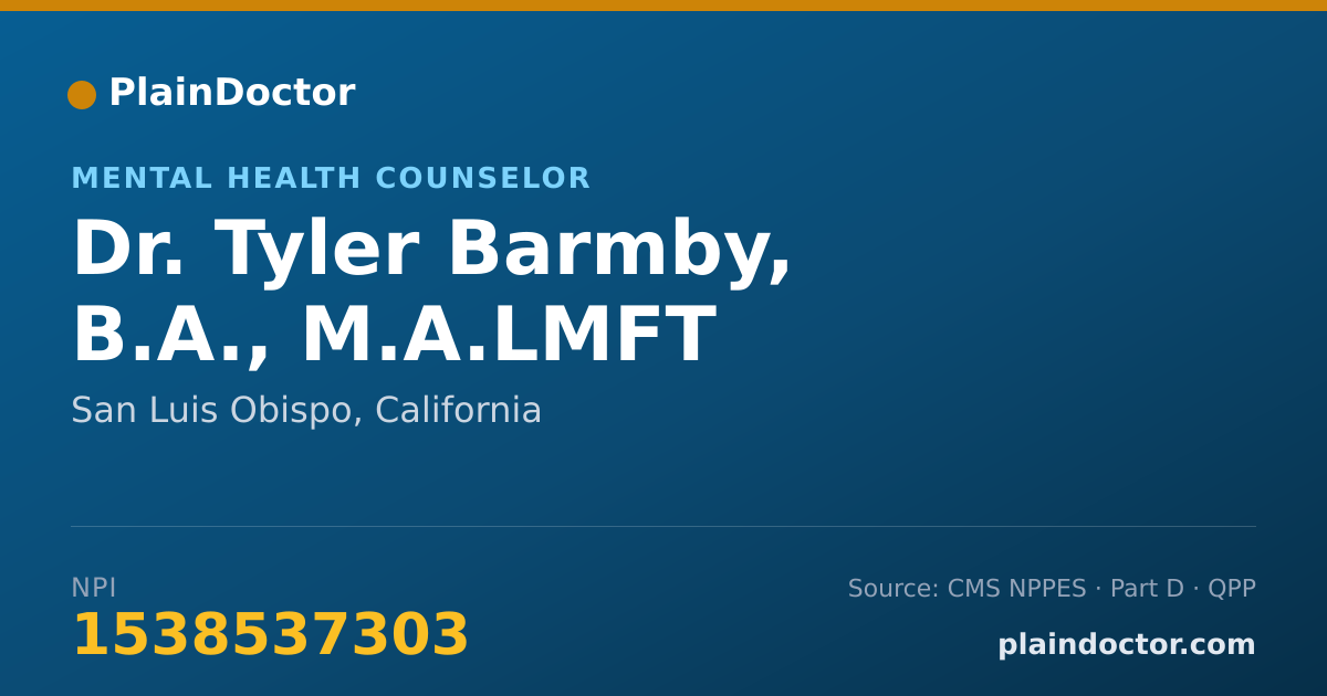 Shareable card for Tyler Barmby, B.A., M.A.LMFT - Mental Health Counselor, San Luis Obispo, CA