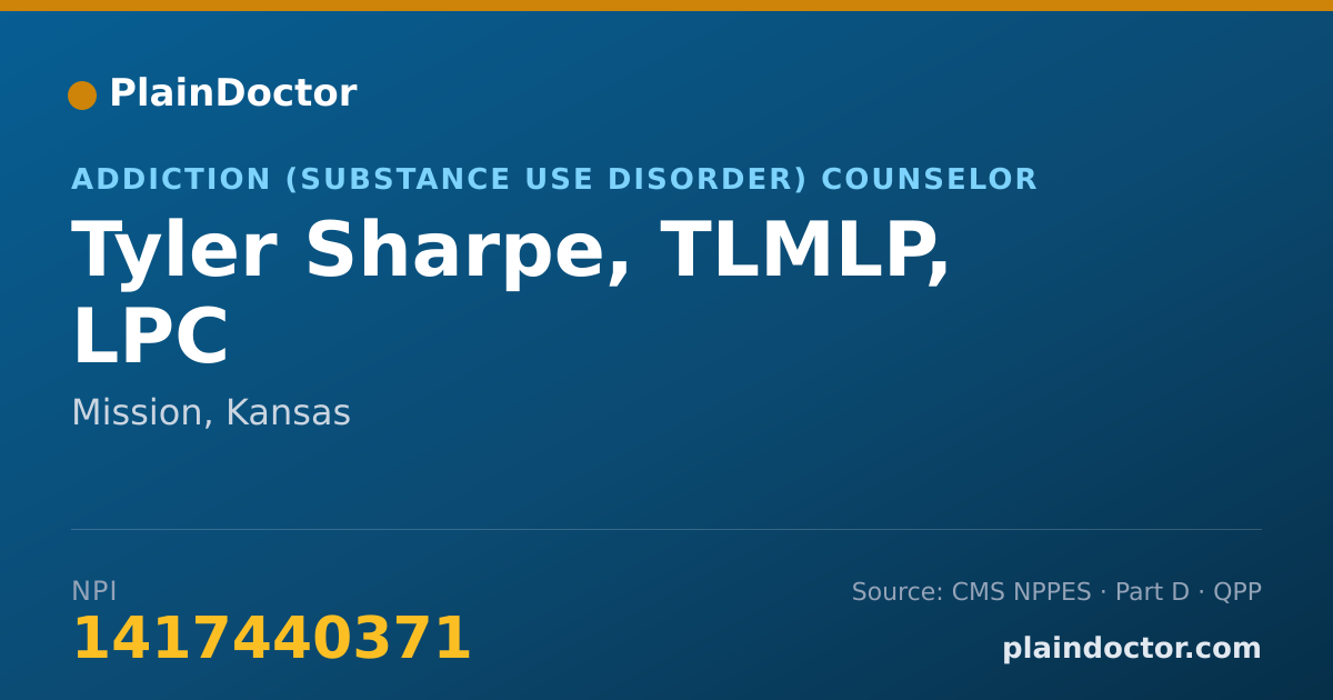 Shareable card for Tyler Sharpe, TLMLP, LPC - Addiction (Substance Use Disorder) Counselor, Mission, KS