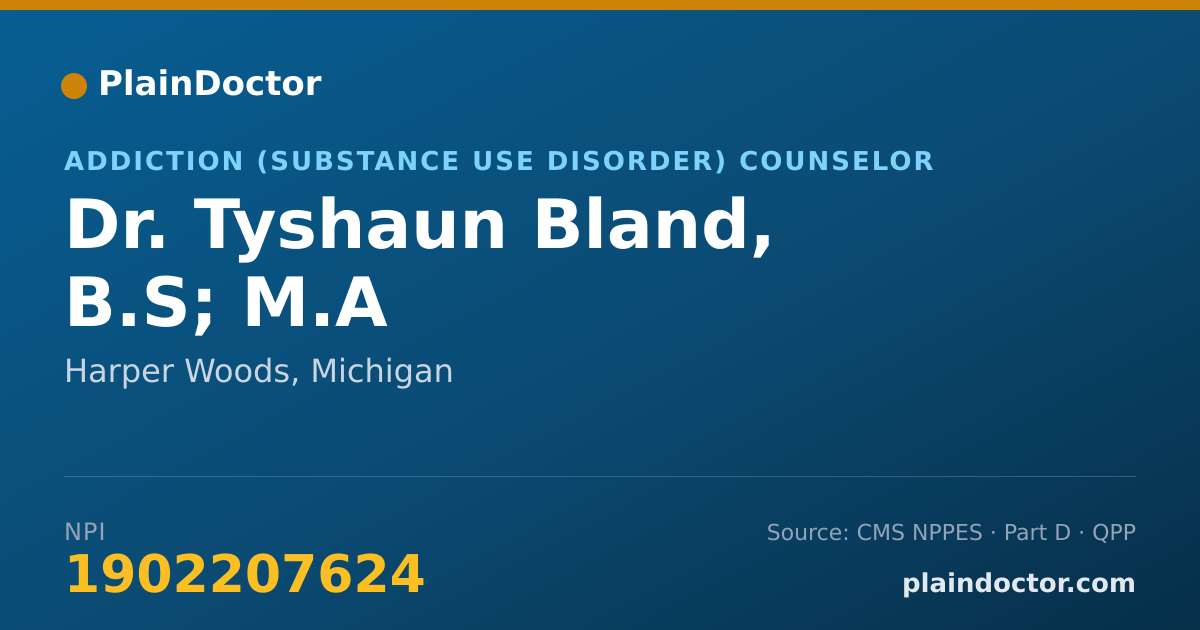 Shareable card for Tyshaun Bland, B.S; M.A - Addiction (Substance Use Disorder) Counselor, Harper Woods, MI
