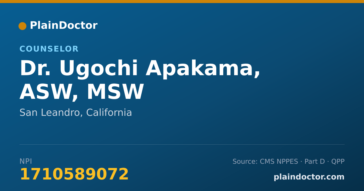 Shareable card for Ugochi Apakama, ASW, MSW - Counselor, San Leandro, CA