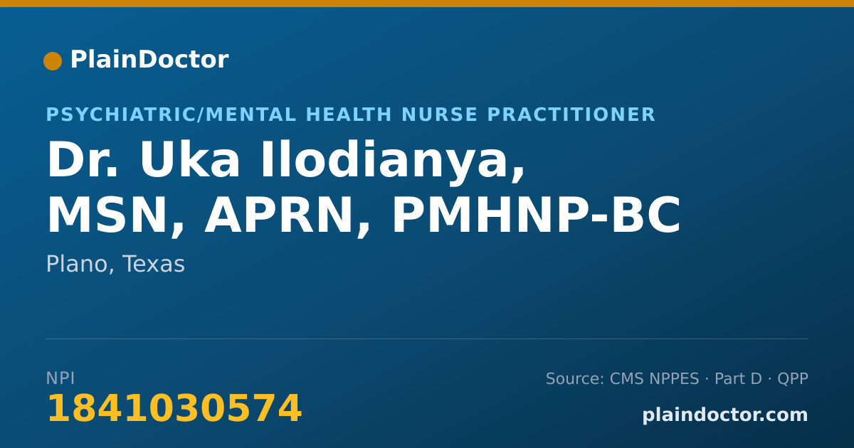 Shareable card for Uka Ilodianya, MSN, APRN, PMHNP-BC - Psychiatric/Mental Health Nurse Practitioner, Plano, TX
