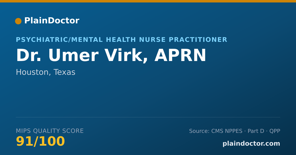 Shareable card for Umer Virk, APRN - Psychiatric/Mental Health Nurse Practitioner, Houston, TX