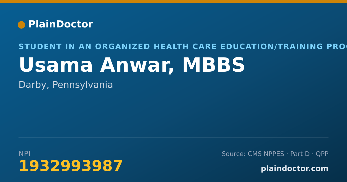 Shareable card for Usama Anwar, MBBS - Student in an Organized Health Care Education/Training Program, Darby, PA
