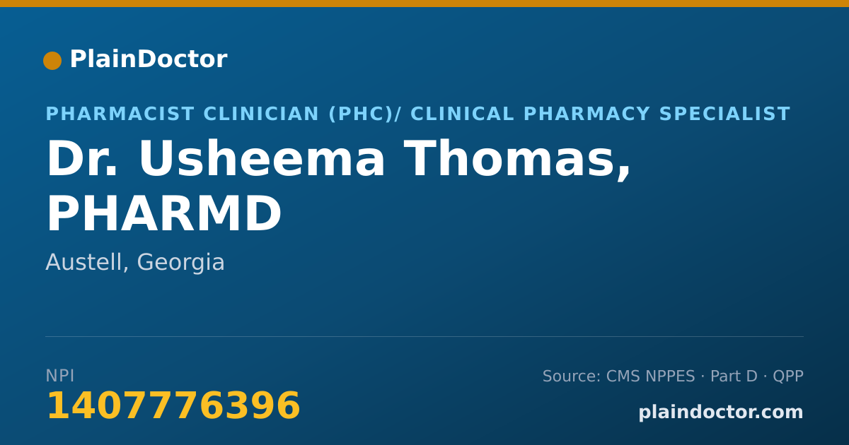 Shareable card for Usheema Thomas, PHARMD - Pharmacist Clinician (PhC)/ Clinical Pharmacy Specialist, Austell, GA