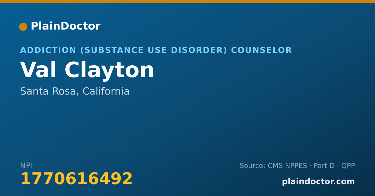 Shareable card for Val Clayton - Addiction (Substance Use Disorder) Counselor, Santa Rosa, CA