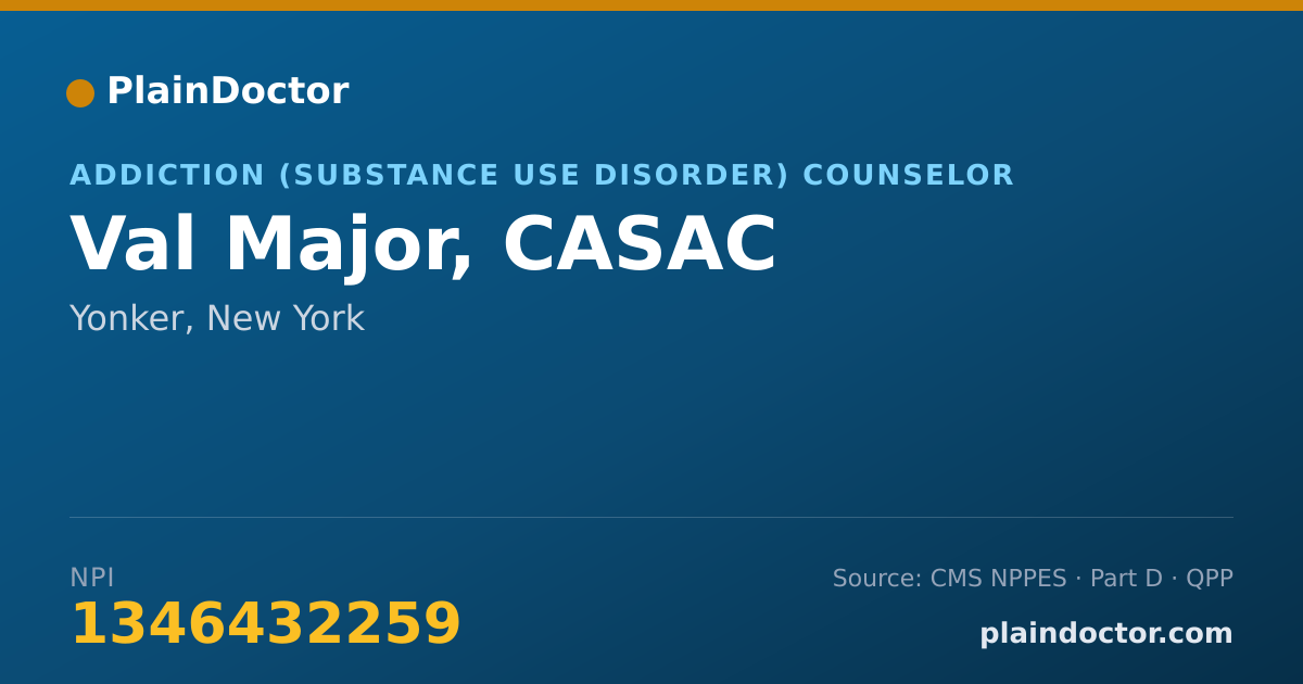 Shareable card for Val Major, CASAC - Addiction (Substance Use Disorder) Counselor, Yonker, NY