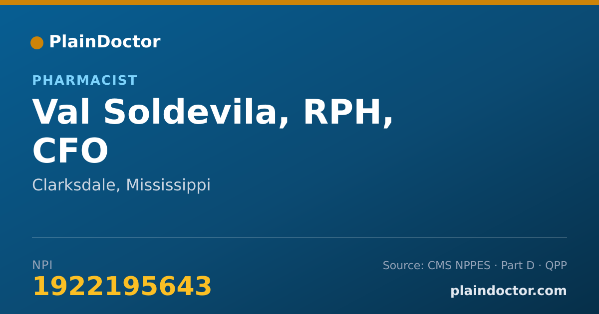 Shareable card for Val Soldevila, RPH, CFO - Pharmacist, Clarksdale, MS