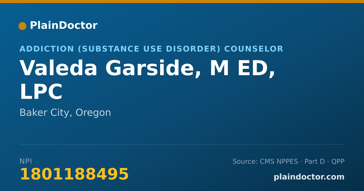Shareable card for Valeda Garside, M ED, LPC - Addiction (Substance Use Disorder) Counselor, Baker City, OR