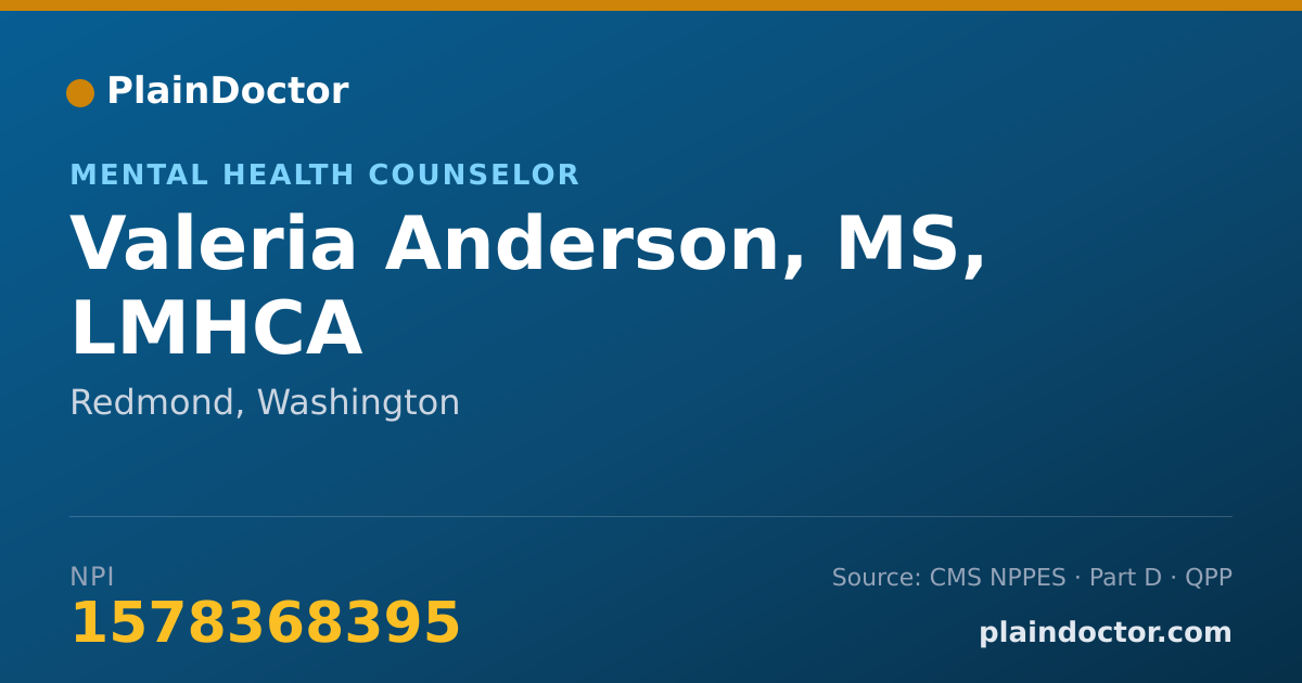 Shareable card for Valeria Anderson, MS, LMHCA - Mental Health Counselor, Redmond, WA