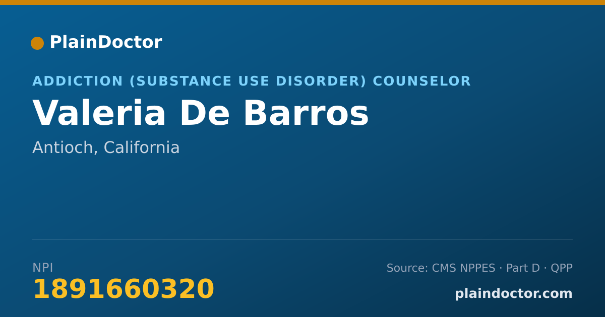 Shareable card for Valeria De Barros - Addiction (Substance Use Disorder) Counselor, Antioch, CA